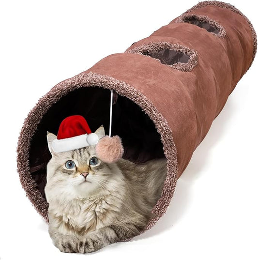 ZENFUN 51"x 12" Collasiple Cat Play Tunnel, Cat Tubes and Tunnels, Cat Foldable Hide and Seek Tunnel Toy, Brown Suede Pet Tube Toy for Rabbits, Ferrets, Puppy, Diameter 12 Inch
