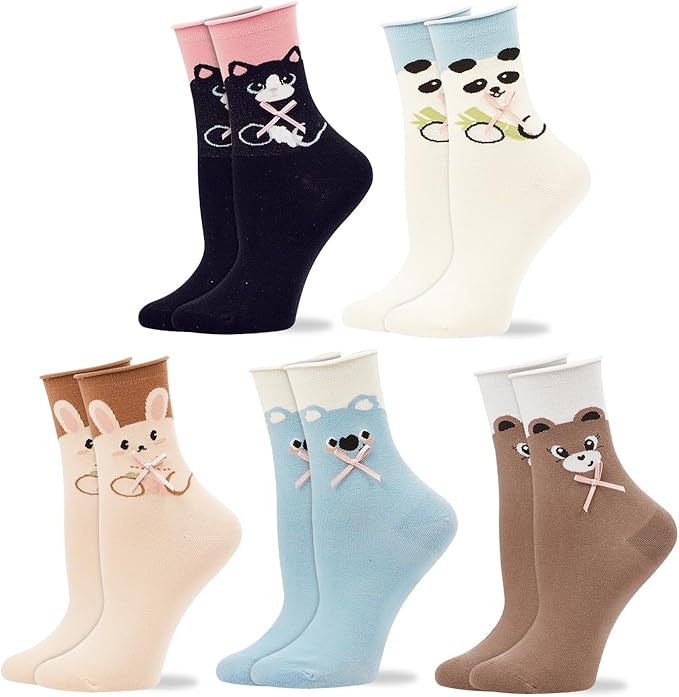 Benefeet Sox Cute Crew Socks for Women Girls Novelty Funny Patterned Socks Colorful Kawaii Cotton Casual Calf Sock 5 Pairs