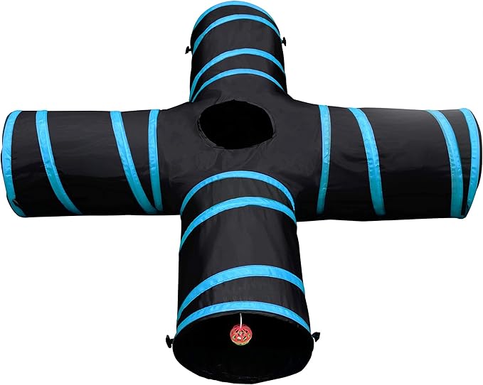 Purrfect Feline - 4 Way Cat Tunnel and Crinkle Cat Toy - Interactive Cat Toy with Cat Ball - Cat Supplies for Indoor Cats - Suitable for Ferrets, Rabbits or Small Dogs - Light Blue - XL