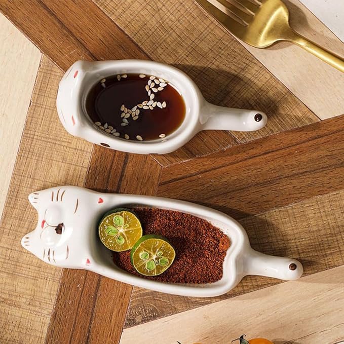 2 Pcs Cute Cats Shape Soy Sauce Dish,Cartoon Cat Small Ceramic Bowls Mini Animal Cat Plates Dipping Sauce Bowls Ceramic Sauce Dishes For Seasoning Soy Sauce Vinegar Snack Appetizers Kitchen Tableware