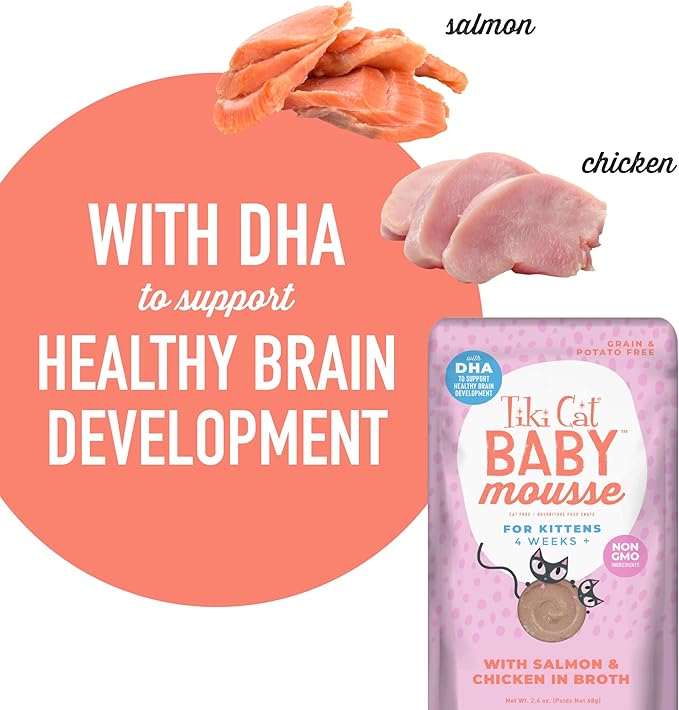 Tiki Cat Baby, Salmon & Chicken, Grain-Free and Nutrient Rich, Wet Cat Food for Kittens 4 Weeks+, 2.4 oz. Pouch (Pack of 12)