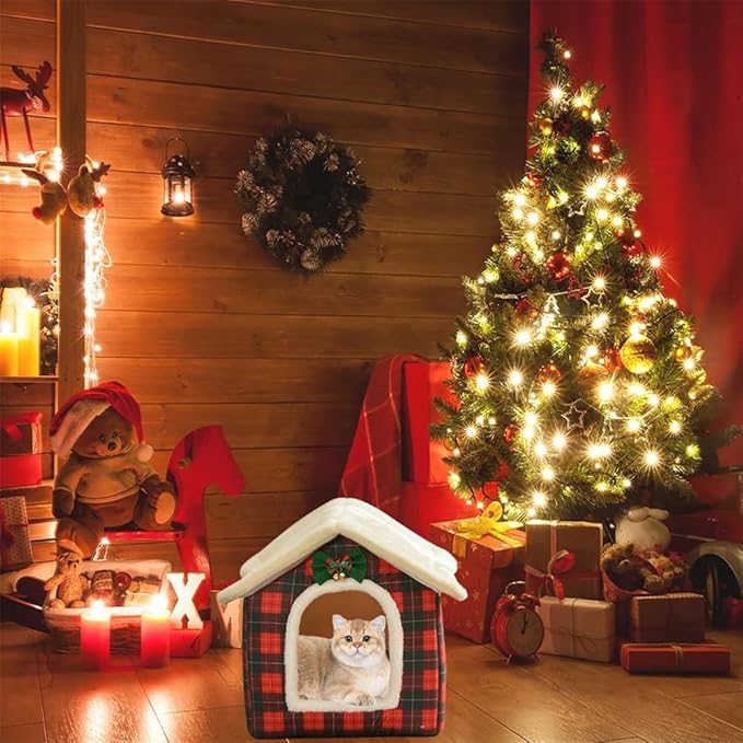 Christmas Cat Bed for Indoor Cats Plaid Christmas Cat Tent Cat Bed Cave for Pets Cats and Dogs (S(15.7 X 12.6 X 13.8 Inch))