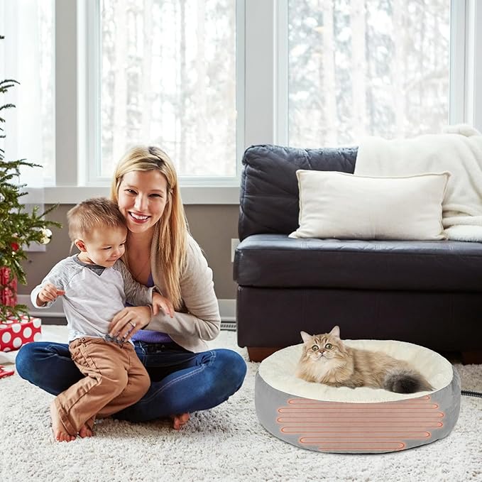 BWOGUE Heated Cat Bed for Indoor Cats,19'' Donut Detachable Heated Pet Bed Thermo-Kitty Heating Bed,Electric Warming Cat Bed Heater with Timer, Washable pet Heating Bed