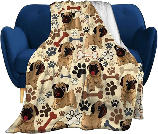 Pug Blanket Dog Paws Throw Blanket Ultra Soft Flannel Blankets for Living Room Sofa Couch Kids Adults Gifts for Pug Lovers 50"X40"