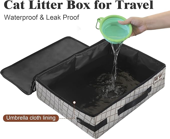 HiCaptain Portable Cat Travel Litter Box with Lid, Collapsible Travel Litter Box for Small Medium Cats, Leak Proof, Odor Free, Waterproof Foldable Standard Litter Carrier Box for Outdoor - Khaki