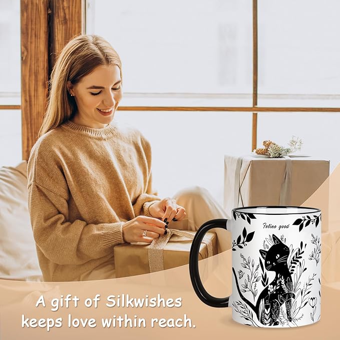 Black Cat Mug 11 Oz Black and White Boho Cats Coffee Mug,Birthday Gifts, Graduation Gift Mothers Day Gifts for Cats Lovers Women,Friends,Mom,Grandma Ceramic Coffee Mugs Microwave & Dishwasher Safe