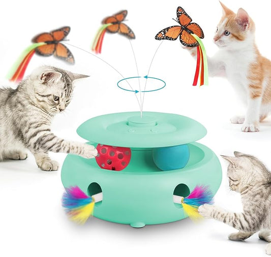Interactive Cat Toy Automatic Cat Toys for Indoor Cats, 3-in-1 Electric Cat Toy USB Rechargeable, Ambush Feather, Fluttering Butterfly, Track Balls Kitten Toy Cat Exercise Toys (Tiffany Blue)