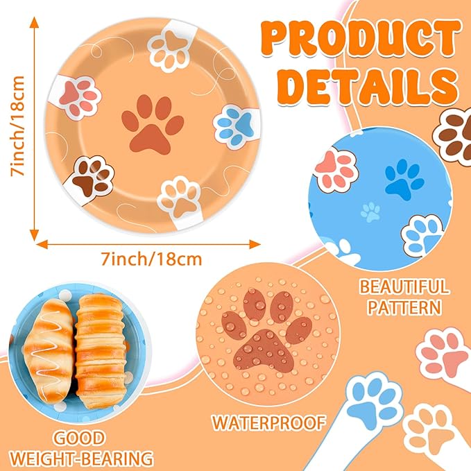 48Pcs 7" Blue Dog Birthday Party Paper Plates Puppy Party Supplies Blue Paw Dessert Tableware Set Paw Shaped Disposable Dinnerware Plates for Kids Girls Cartoon Birthday Decorations Party Favors
