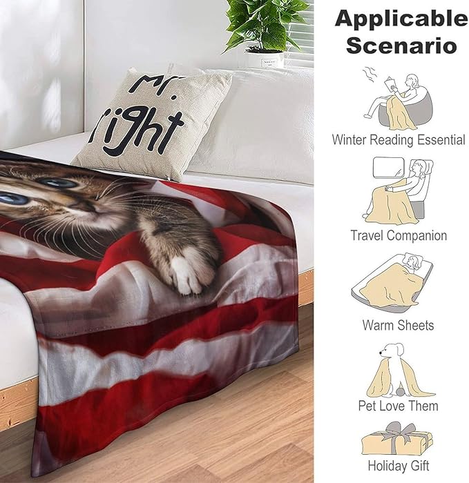 American Flag Cat Print Blanket Cute Kawaii Kitten Kitty Animal Throw Blankets Gifts for Couch Sofa Bed Stuff Decor Soft Cozy Fleece Plush Warm Flannel Bedding for Lover Men Women Kids 50"x60"