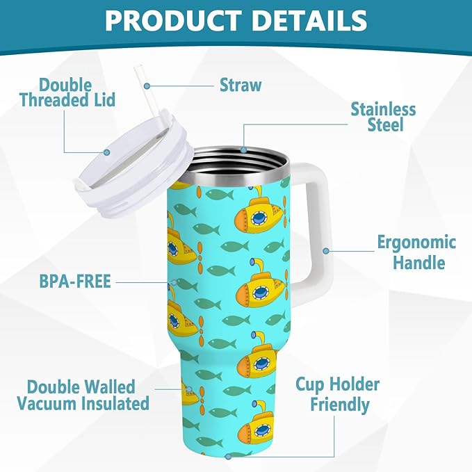 Boccsty Yellow Submarine Insulated Tumblers Colorful Fish Reusable Stainless Steel Tumbler 30 oz Cup Coffee Travel Mug Water Bottle with Handle & Flip Straw for Home Office Car