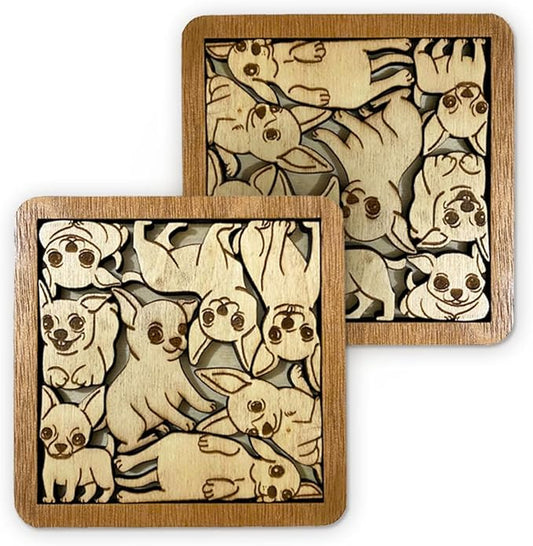 02 Chihuahua Dog Coaster - Chihuahua Dog Puzzle Wooden Coaster Set - Interlocking Jigsaw Drink Mats with Laser-Cut Design for Chihuahua Lovers (Chihuahua Dog)