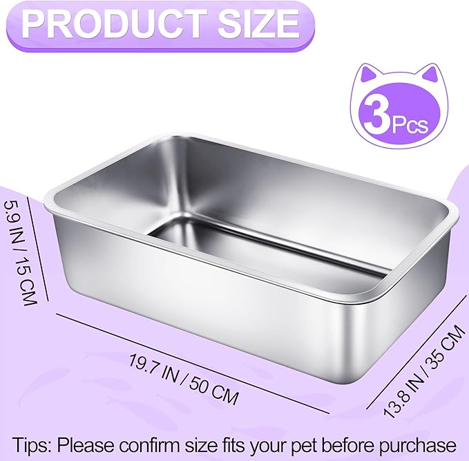 3 Pack Stainless Steel Cat Litter Boxes 19.7" L x 13.8" W x 5.9" H Extra Large Metal Litter Boxes with High Sides Aluminum Cat Litter Pans for Pets No Smell, Non Stick, Easy to Clean (L)