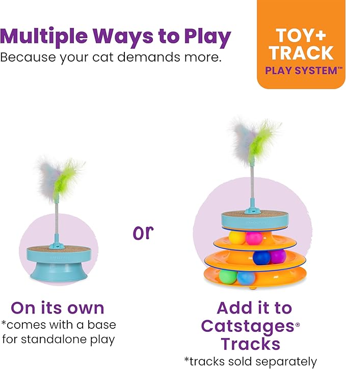 Catstages 2-in-1 Spring Toy Interactive Cat Toy and Topper for Cat Ball Track with Removable Feather Spring Toy and Corrugated Cat Scratcher, Blue