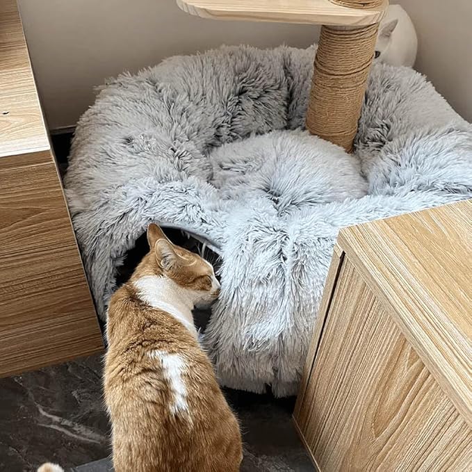 Cat Tunnel Bed for Indoor Cats Donut Cat Tunnel Multifunctional Cat Bed with Peephole Cat Cave Tunnel Bed with Tunnel for Multi Cats(Grey)