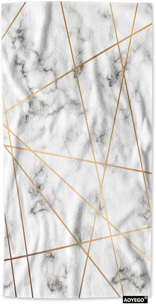AOYEGO White Gray Marble Towels Golden Geometric Lines Marbling Surface Soft Highly Absorbent Large Hand Towels for Bathroom Hotel Gym and Spa 15x30 Inch