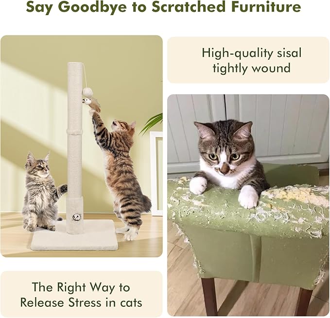 Cat Scratching Post with Premium Sisal Rope for Indoor 34in Tall Scratcher Post Tree with Mouse Hole, Hanging Ball for Adult Cats and Kittens White Scratch Tree