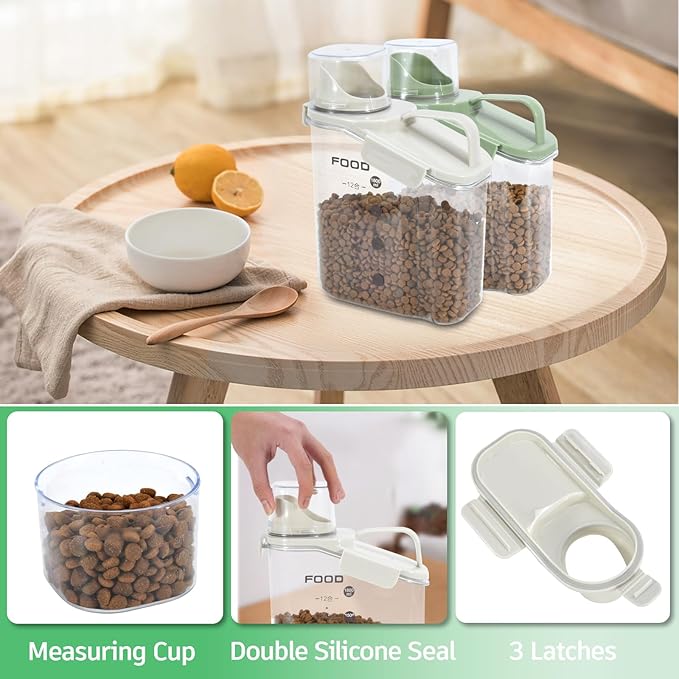 Dog Food Container Small, Pet Food Container with Airtight Pour Spout, Cat Food Storage Container with Measuring Cups, Portable Smal Dog Food Container for Dogs Cats Birds (White)