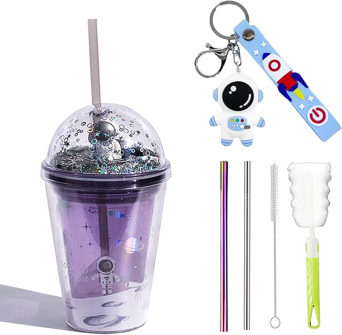 Astronaut Cup with Straw Ice Coffee Tumblers Party Cups Space Reusable Plastic Cup Birthday Gift (Astronaut purple, 380ml)