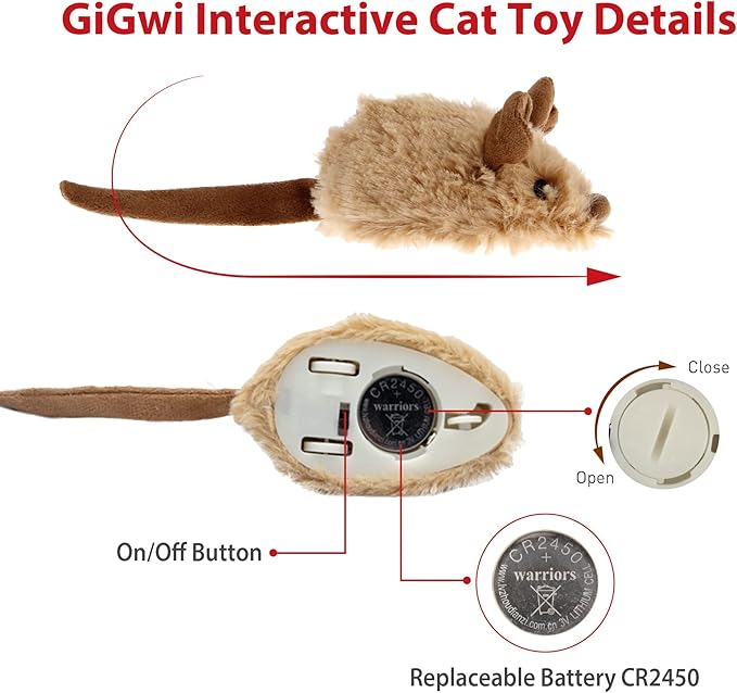 Gigwi Interactive Cat Toys for Indoor Cats, Cat Mouse Toys with Electronic Realistic Squeaky Sound, Automatic Moving Kitten Toys Electric Mice Toy Self Play Exercise(Brown Ear)