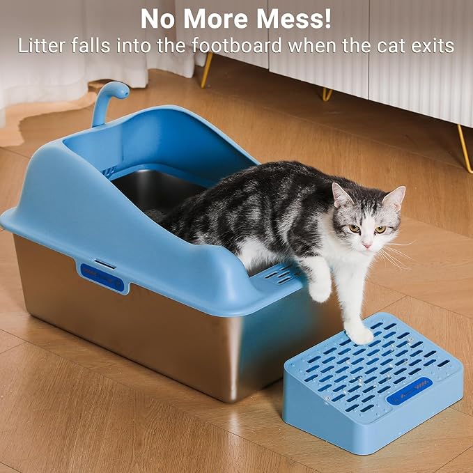 14" Deep Stainless Steel Litter Box, XXL Metal Litter Box with High Wall Sides Enclosure, Stainless Steel Litter Box with Lid, Never Absorbs Odors, Non-Sticky, Anti-Urine Leakage, Easy Cleaning-Blue