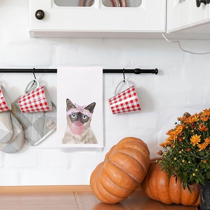 SPBL&L Funny Siamese Cat Kitchen Towels, Cat Dish Towels for Kitchen, Cat Hand Towels for Bathroom Kitchen, Cat Kitchen Towels Gifts for Cat Lovers Women, Siamese Cat Gifts, 16x24 Inches, White