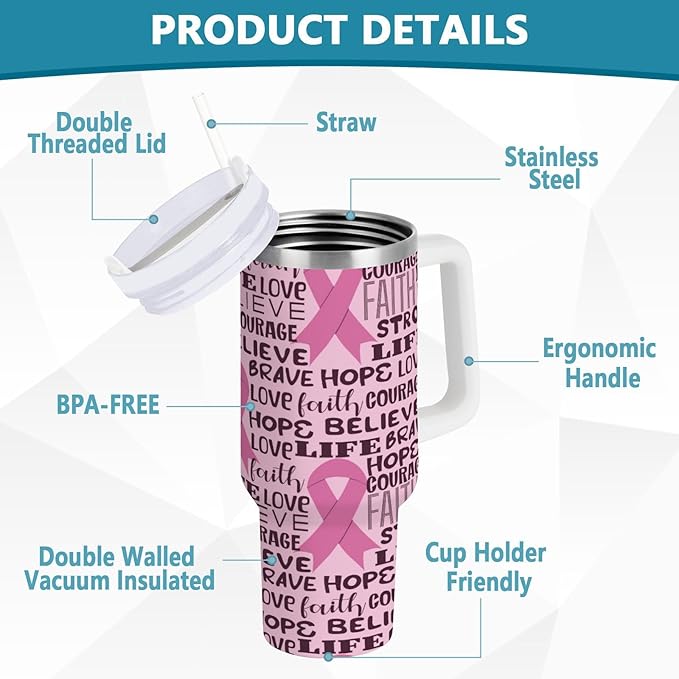 Boccsty Pink Ribbon Healthcar Breast Cancer Awareness Insulated Tumblers Reusable Stainless Steel Tumbler 40 oz Cup Coffee Travel Mug Water Bottle with Handle & Flip Straw for Home Office Car