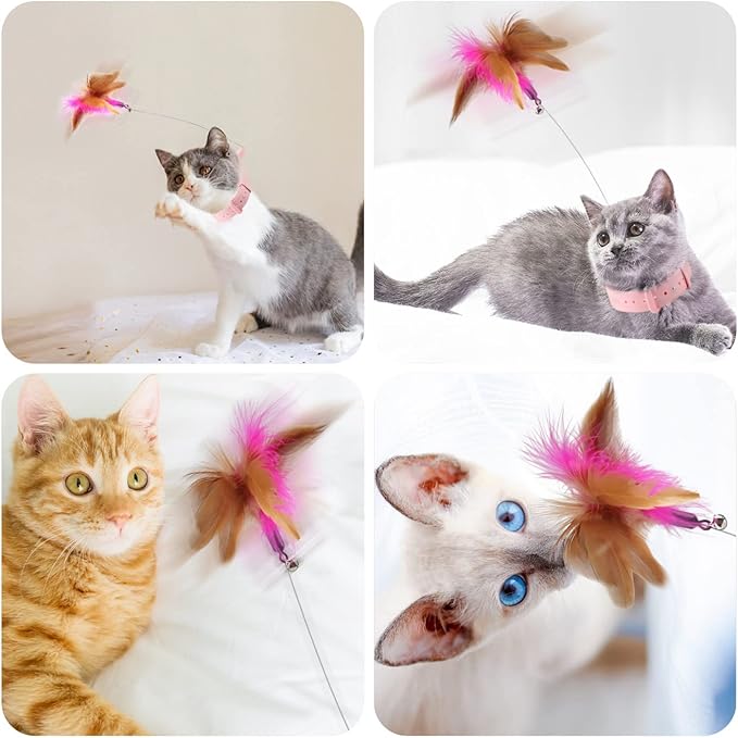 Cat Feather Collar Toy, Interactive Cat Toys for Indoor Cats Self Play Funny Teaser Wand Neck 3-in-1 Cat Collar Toy Feathers with Bell & 3 Refills Hands Free for Cats Play Blue