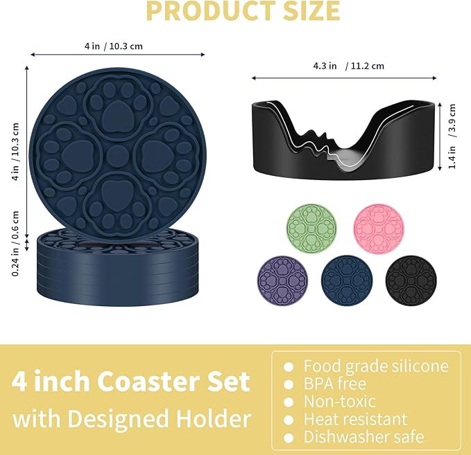 Blue Silicone Coffee Coasters Set of 6 with Holder - 4 Inch Non-Slip Cup Mats, Modern Bar Coasters for Desk, Table, Drink, Beer, Berverage - Dishwasher Safe