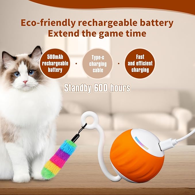 Cat Balls Interactive Cat Toys for Indoor Cats 6-in-1 Rollie Pet Smart Cat Toy Ball Speedy Tail Cat Toy Mouse LED Rainbow Lights Feathers USB Charging, Touch Control and Sound Control (Orange)