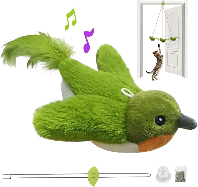 LEWISER Cat Toys Chirp Chickadee, Interactive Cat Feather Toys, Retractable Cat Teaser Toy, Hanging Toys for Indoor Cats Exercise, Kitten Kitty Fun Mental Physical Toys, Green (1 Pack)