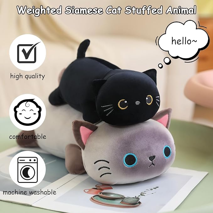 SQEQE Weighted Siamese Cat Plush, Weighted Siamese Cat Stuffed Animal, Cute Plushies Soft Pillow Toy Gift for Kids Adults 9.8 Inch, 0.8 Lbs