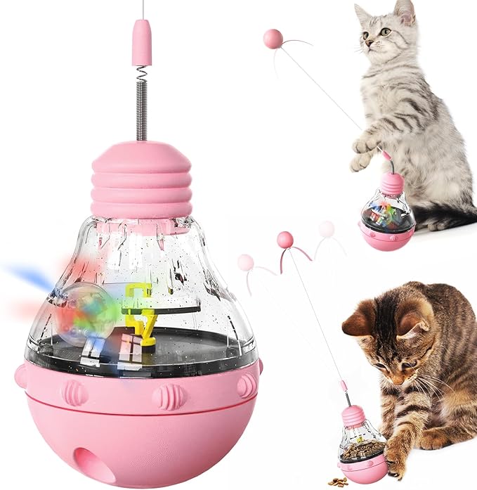 Light Bulb Tumbler cat Toy, Never Knocked Over by Cats, high Elasticity cat Teaser Stick, Slow Food Distribution Toy, Cat's Enlightenment Puzzle Toy - Blue (Pink)