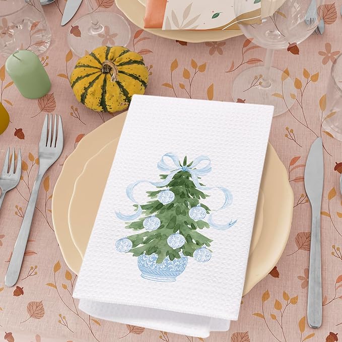 SPBL&L Light Blue Chinoiserie Christmas Kitchen Towels, Light Blue Bow Christmas Hand Towels for Bathroom, Chinoiserie Decor, Christmas Dish Towels, Christmas Kitchen Bathroom Decor, 16x24 Inch