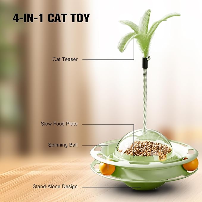 2 in 1 Cat Interactive Toy Roller 3-Level Turntable Cat Toy Cat Slow Feeder Food Dispenser Cat Kitten Wand (Green-B)