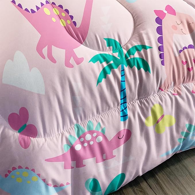 Axolotl Cute Dinosaur Comforter Set Twin,Colorful Dinosaur Girls Bedding Set,Dinosaurs Print Comforter Sets Botanical Palm Trees,Butterfly Bedding Set for Kids Girls Teens,1 Quilt 2 Pillowcases,Pink