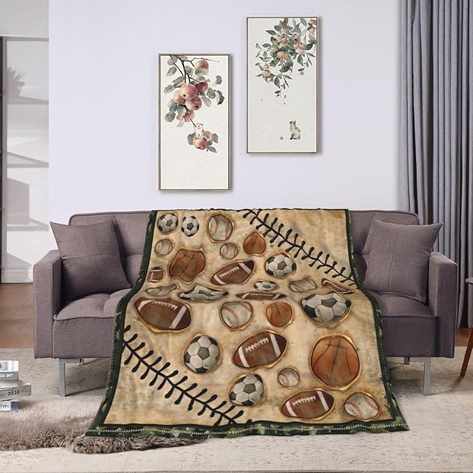 Vintage Sports Soccer Blanket Ultra Soft Cozy Plush Baseball Basketball Football Throw Blanket Sport Ball Fans Lovers Gifts Kids Adults Lightweight Flannel Comfy Blankets for Couch Sofa Bed 80"x60"