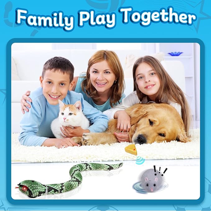 Cat Toys Interactive Kitten Toys Snake RC&Sensing Mouse and Smart Sensing Snake Toy-2pcak,USB Rechargeable,Automatically Sense Obstacles and Escape for Indoor Cats Dogs(Green Snake and mice)