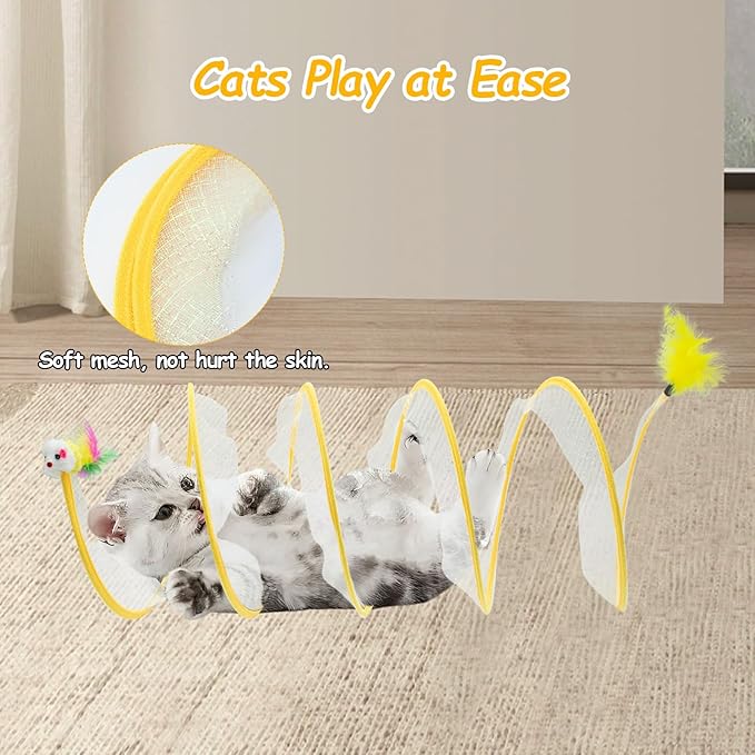 Folded Cats Tunnel Toy for Cats, Collapsible Cats Spring Tunnels Toy with Feather Mouse Toys, Played Tunnels Cats Tunnel Bed Tube Inside Cats, Interactive Cats Toy for Puppy Kitten