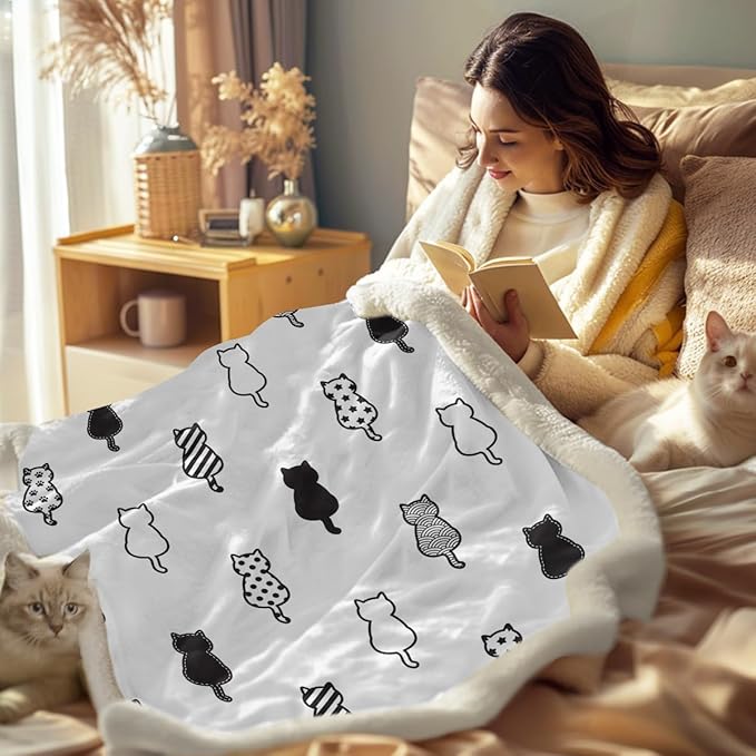 Sleepwish Black White Cat Sherpa Blanket Polka Dot Star Paw Prints Fleece Throw Blanket for Kids Girls Napping Blanket for Cat Lovers, Queen(90" X 90")