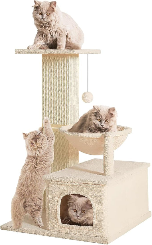 Small Cat Tree, 31 Inches Tall Cat Scratching Post with Perch & Condo & Hammock, Natural Woven Sisal Cat Post Sctacher, Kitten Scratching Posts for Indoor Cats, Cat Scratch Tower, Beige