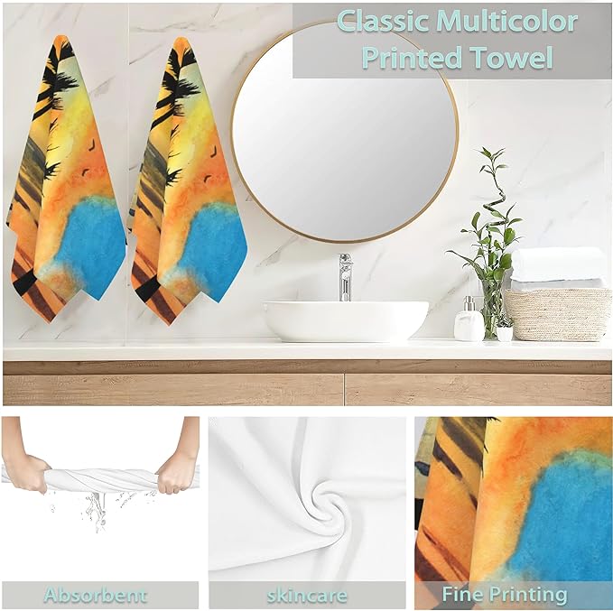 Tropical Palms Hand Towels Set of 2,Beach Sunset Soft Fingertip Bath Towel Small Face Washcloths Decor Kitchen Towel for Hotel Spa Gym Sport 28x14in