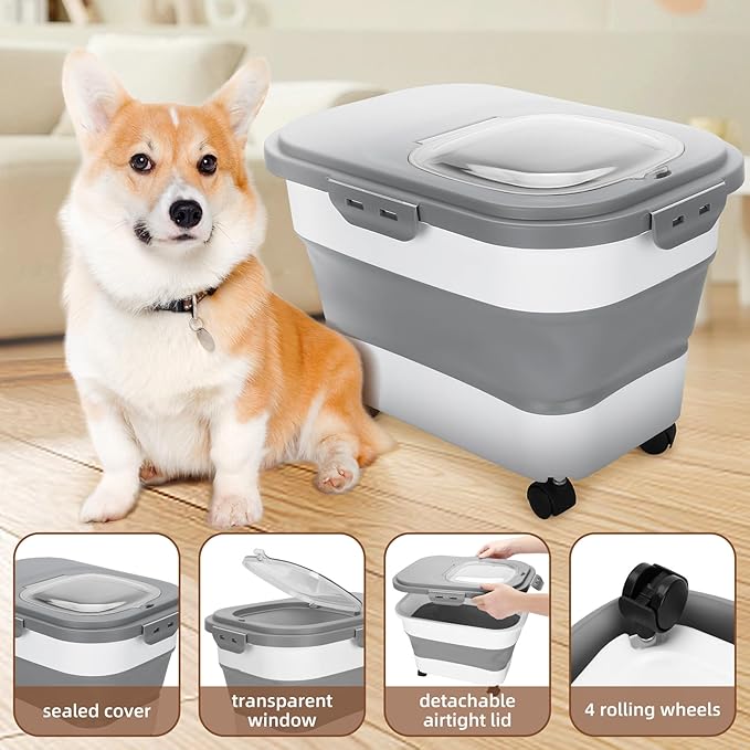 Dog Food Storage Container 17 lb, Airtight Pet Food Storage Containers with Wheels & Removable Sealed Lid, Collapsible Cat Food Containers Dry Food with Scoop and Measuring Cups