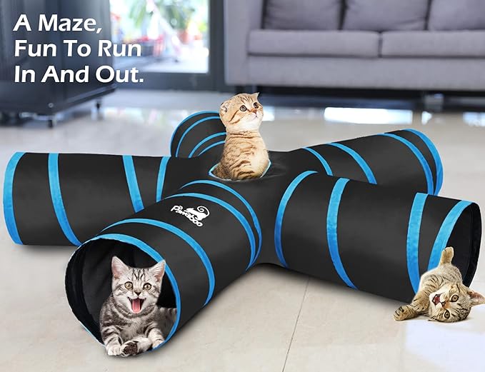 Pawaboo Cat Toys, Collapsible Tunnel Tube with Bells, 25x53cm, Blue