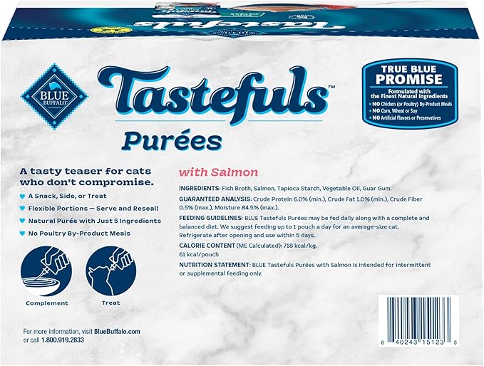 Blue Buffalo Tastefuls Purées with Salmon, Natural Cat Food Complement, Resealable Twist Cap Pouches, 3-oz. (12 Count)