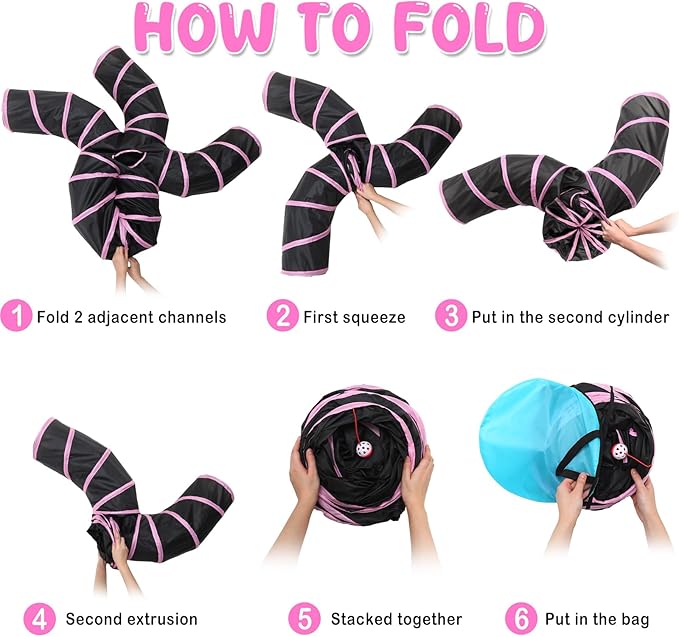Poen 21 Pcs Cat Tunnel for Indoor Cats Set Collapsible 5 Way Cat Tubes with 20 Pcs Cat Toys Kitten Toys Interactive Cat Feather Toy Mouse Crinkle Balls Cat Tube for Puppy Kitten Rabbit (Pink Black)