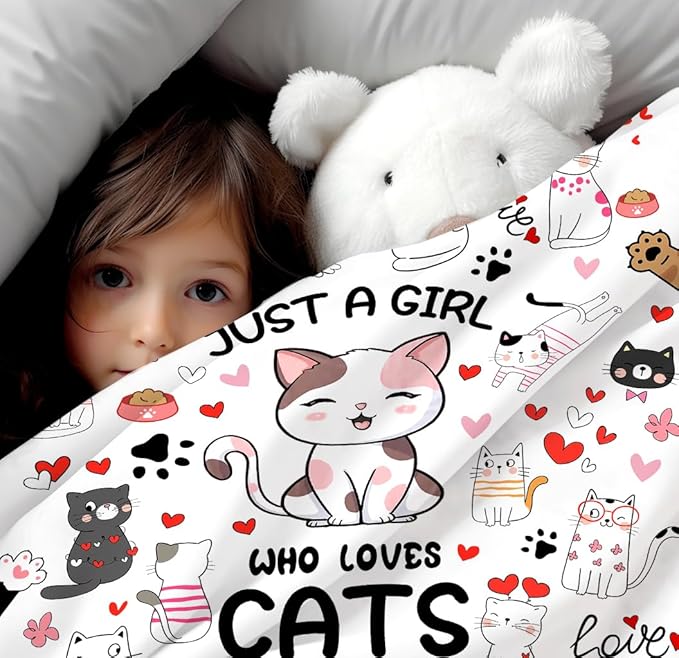Cat Mom Throw Blanket - Just A Girl Who Loves Cats Gift for Pet Lovers - Soft Flannel Animal Pattern for Kids Adults 50"X40"