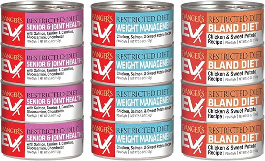 Evanger's EVX Restricted Diet Canned Cat Food, 4 Weight Management, 4 Senior & Joint Health, 4 Bland Diet Variety Pack