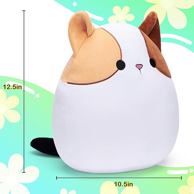 Original 12.5-inch Large Calico Cat Plush Pillow Stuffed Animal Toy,Big Size Cute Soft Fat Hugging Cuddle Huggable Plushie,Gift for Kids