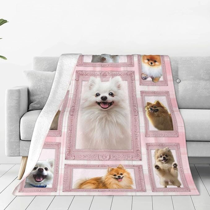 Cute Pomeranian Dog Blanket Pink Pomeranian Decor Throw Blanket Super Warm Soft Plush Lightweight Fleece Flannel Blanket Gifts for Dog Lovers Girls Women Boys Kids for Winter Couch Bedding 60"X80"