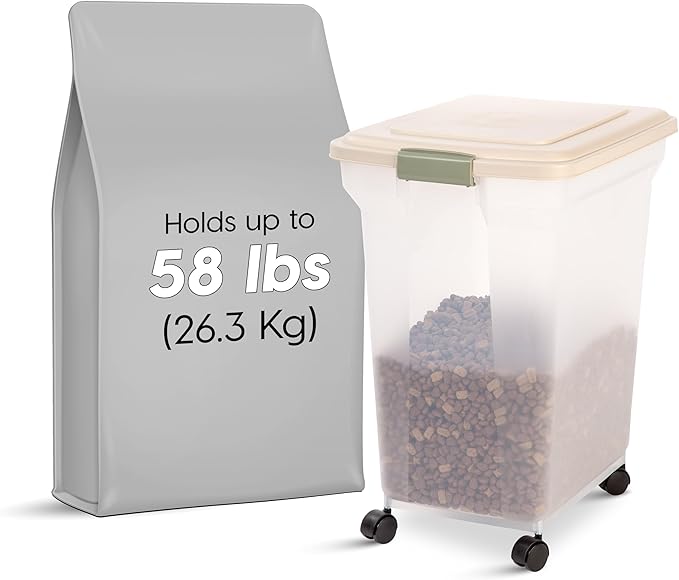 IRIS USA WeatherPro Airtight Dog Food Storage Container, Up to 58 lbs, Attachable Wheels, For Dog Cat Bird and Other Pet Food Storage Bin, Keep Fresh, Translucent Body, Clear/Almond